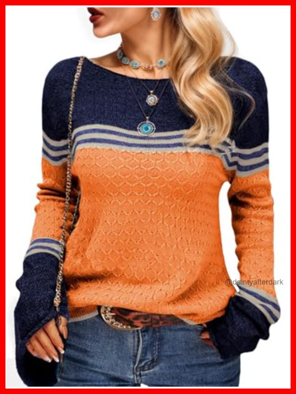 Womens Lightweight Colorblock Crew Neck Pullover Sweater Long Sleeve
